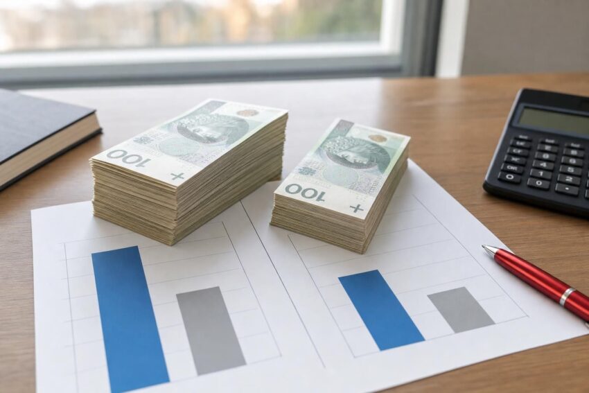 Dwa stosy banknotów i proste wykresy na biurku, porównanie wynagrodzeń w liczbach.