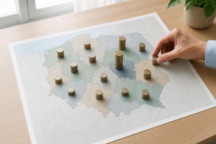 Mapa Polski na stole i stosy monet pokazujące różnice płac między województwami.